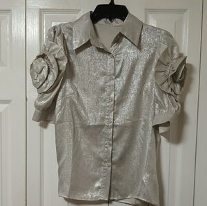 Beulah Silver Metallic Blouse with Floral Sleeves